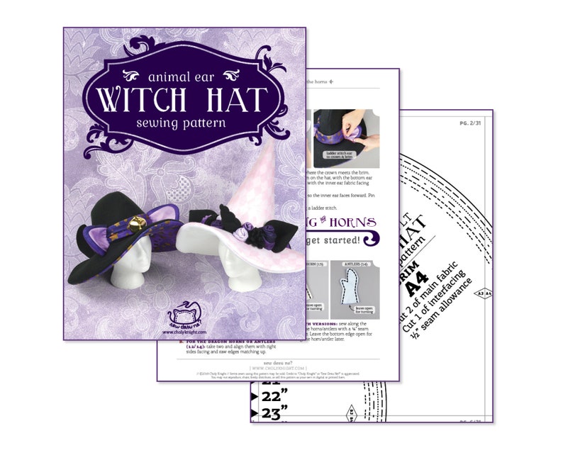 May include: A sewing pattern for a witch hat with animal ears. The pattern includes instructions and diagrams for making the hat, as well as a list of materials needed. The pattern is printed on A4 paper and includes a 1/2 inch seam allowance.