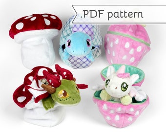 Pouch Pets Plush Sewing Pattern .pdf Tutorial Zipper Dragon Unicorn Lizard Axolotl Platypus Egg Strawberry Mushroom