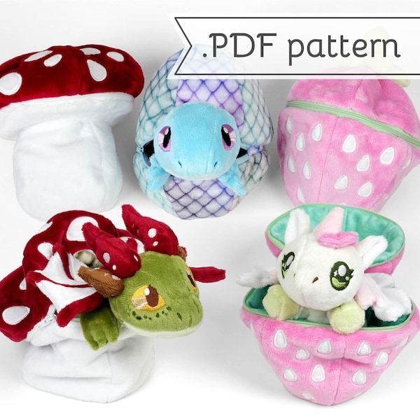 Pouch Pets Plush Sewing Pattern .pdf Tutorial Zipper Dragon Unicorn Lizard Axolotl Platypus Egg Strawberry Mushroom