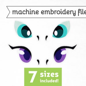 May include: Machine embroidery file featuring two sets of stylized eyes in shades of teal, purple, and black. The text "machine embroidery file" is above the eyes, and a green rectangle below reads "7 sizes included!"