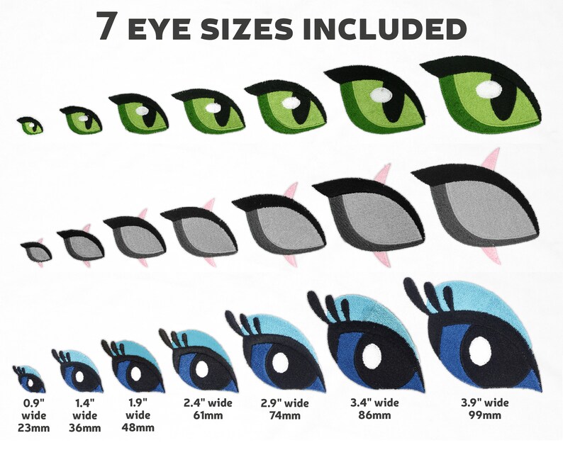 Puede incluir: Siete tama&ntilde;os diferentes de ojos de fieltro bordados en verde, gris y azul. Los ojos var&iacute;an en tama&ntilde;o de 0,9 pulgadas a 3,9 pulgadas de ancho. Cada tama&ntilde;o de ojo est&aacute; etiquetado con su ancho en pulgadas y mil&iacute;metros.