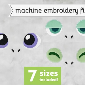 May include: Machine embroidery file for a set of eyes. The eyes are purple with black pupils and green with black pupils. The text "7 sizes included!" is in a green box.