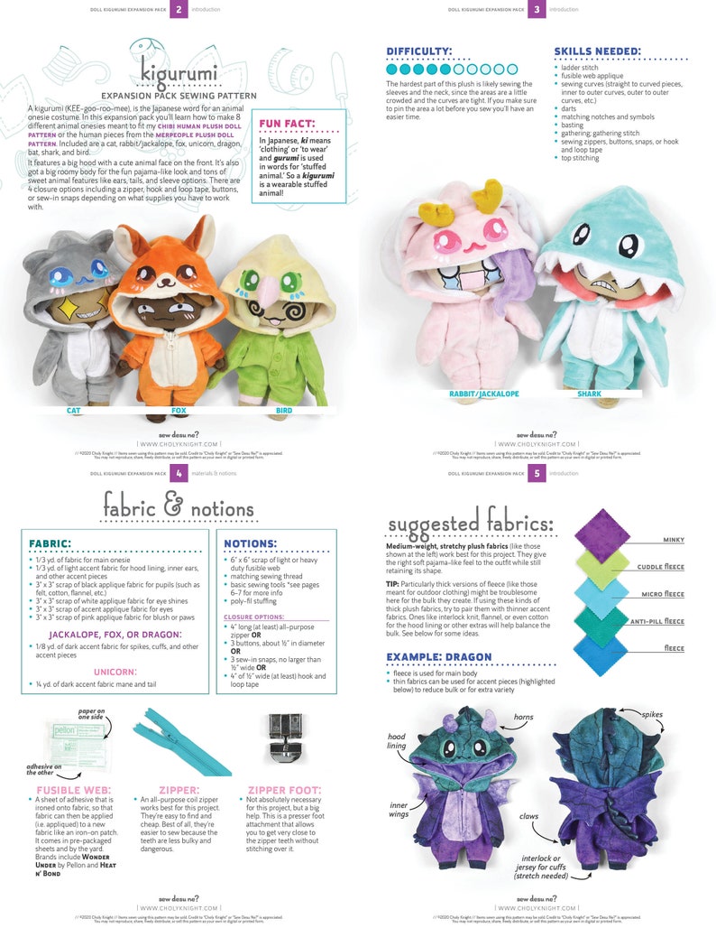 Doll Kigurumi Animal Costume Expansion Pack Sewing Pattern .pdf Tutorial Cat Bat Unicorn Dragon image 9