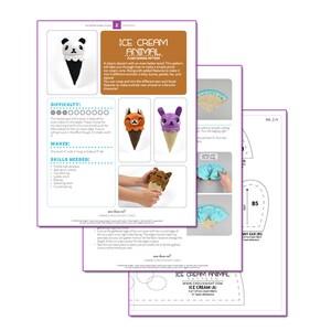 May include: A sewing pattern for making plush ice cream cone animals. The pattern includes instructions for making a panda, fox, and bunny ice cream cone animal. The pattern is labeled "Ice Cream Animal" and "Ice Cream (A)".