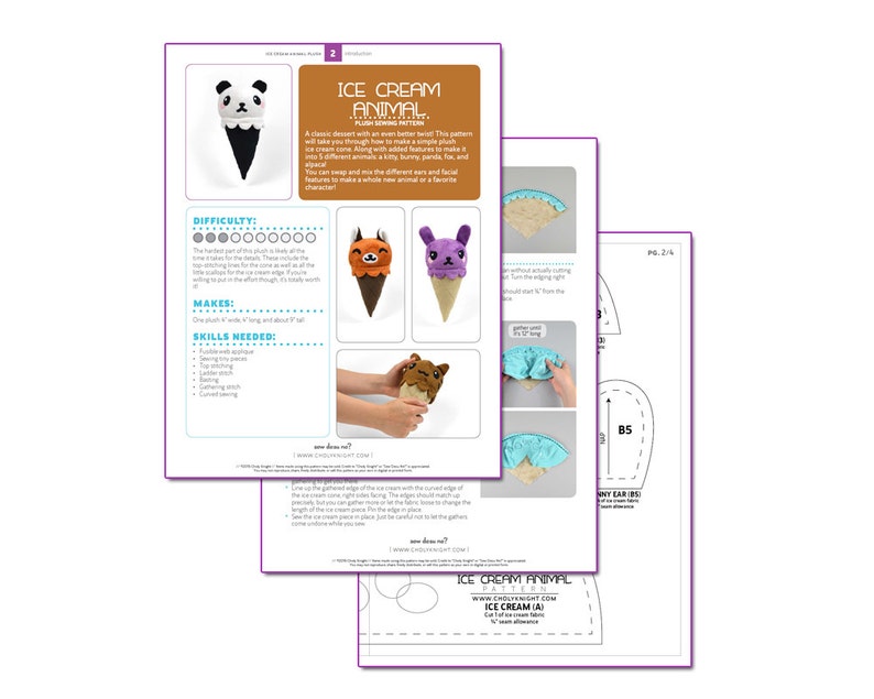 May include: A sewing pattern for making plush ice cream cone animals. The pattern includes instructions for making a panda, fox, and bunny ice cream cone animal. The pattern is labeled "Ice Cream Animal" and "Ice Cream (A)".