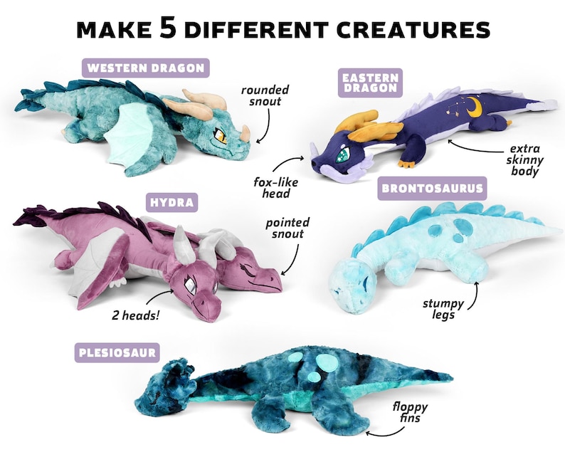 May include: Five plush toy creatures with different features. A teal western dragon with a rounded snout, a purple hydra with two heads and a pointed snout, a blue eastern dragon with a skinny body, a light blue brontosaurus with stumpy legs, and a teal plesiosaur with floppy fins.