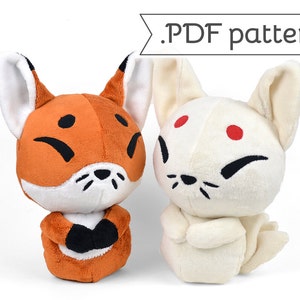 May include: Two plush animal toys: a fox and a rabbit. The fox is orange and white with black accents. The rabbit is white with red and black accents. The text ".PDF pattern" is above the toys.