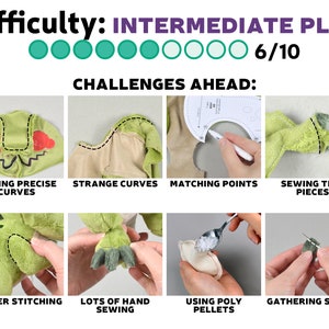 Puede incluir: Un gr&aacute;fico con el texto "dificultad: INTERMEDIO PLUS" y una calificaci&oacute;n de dificultad de 6 de 10. El gr&aacute;fico enumera 8 desaf&iacute;os para coser un juguete de peluche, que incluyen coser curvas precisas, curvas extra&ntilde;as, puntos coincidentes, coser piezas peque&ntilde;as, puntadas de escalera, mucha costura a mano, usar bolitas de poliestireno y puntadas de fruncido.