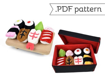Mini Sushi Plush Sewing Pattern Collection with Bento Box and Wooden Tray