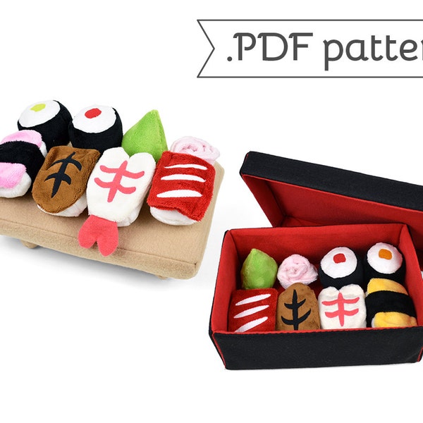 Mini Sushi Plush Sewing Pattern Collection with Bento Box and Wooden Tray