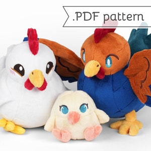 May include: A PDF pattern for sewing three plush toys: a white chicken, a blue and brown rooster, and a small yellow chick. The toys have large eyes and are designed to be cute and cuddly.