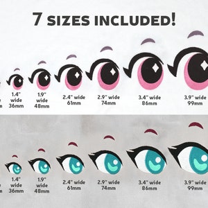 May include: Seven different sizes of cartoon eyes with pink and blue irises. The eyes are shown in a row from smallest to largest. The sizes are labeled in inches and millimeters.  7 SIZES INCLUDED!