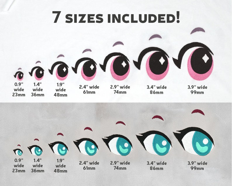 May include: Seven different sizes of cartoon eyes with pink and blue irises. The eyes are shown in a row from smallest to largest. The sizes are labeled in inches and millimeters.  7 SIZES INCLUDED!