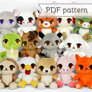 Chinese Zodiac Animal Plush Pack Sewing Pattern .pdf Tutorial Rat Cow Tiger Rabbit Dragon Snake Horse Goat Sheep Monkey Rooster Dog Pig