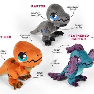 Puede incluir: Tres juguetes de peluche de dinosaurio: un T-Rex marr&oacute;n con brazos peque&ntilde;os, un Raptor gris con brazos m&aacute;s largos y un Raptor emplumado azul y morado con alas en lugar de brazos.