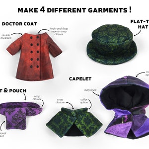Puede incluir: Cuatro patrones de prendas diferentes para coser: una bata de m&eacute;dico roja, una capa verde y negra, una capa con capucha morada y un sombrero plano verde y negro.