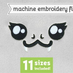 May include: Machine embroidery file of a cute cartoon snake with big eyes and fangs. The design comes in 11 sizes.