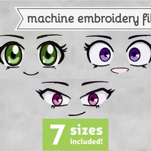Puede incluir: Archivo de bordado a máquina de tres ojos de anime diferentes con iris de colores diferentes. Los ojos son verdes, morados y rosas. El texto "¡7 tamaños incluidos!" está en la parte inferior de la imagen.