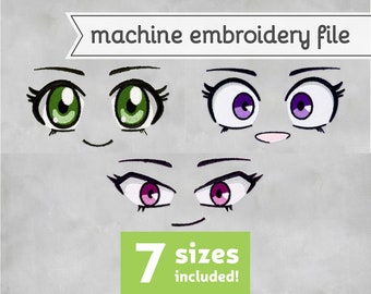 May include: Machine embroidery file of three different anime eyes with different colored irises. The eyes are green, purple, and pink. The text "7 sizes included!" is at the bottom of the image.