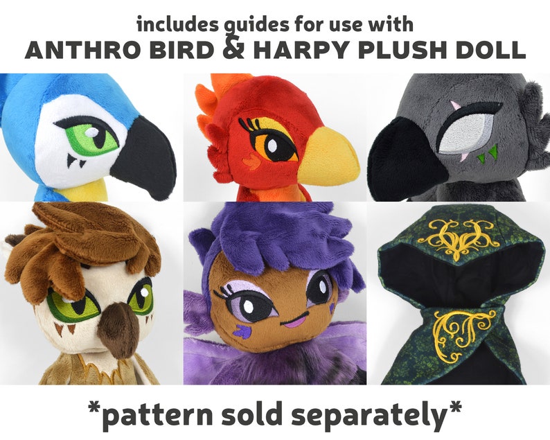 Puede incluir: Seis juguetes de peluche, incluyendo un p&aacute;jaro azul, un p&aacute;jaro rojo, un p&aacute;jaro gris, un b&uacute;ho marr&oacute;n, una criatura de pelo morado y una figura encapuchada gris. Los juguetes son todos antropom&oacute;rficos y tienen ojos grandes. El texto "includes guides for use with ANTHRO BIRD & HARPY PLUSH DOLL *pattern sold separately*" est&aacute; en la parte superior de la imagen.