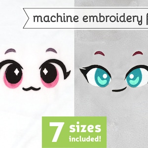 May include: Two different embroidered faces, one with pink cheeks and black eyes, the other with blue eyes and a burgundy eyebrow. The text "machine embroidery file" is at the top of the image. The text "7 sizes included!" is at the bottom of the image.