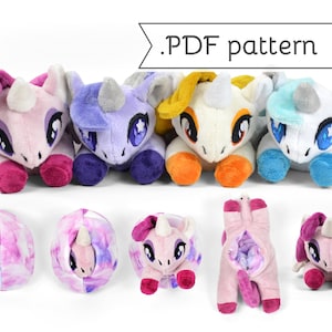 May include: A PDF pattern for making plush unicorn toys. The pattern includes instructions for making a unicorn that can be turned inside out to reveal a hidden egg. The pattern includes four different color variations for the unicorn.