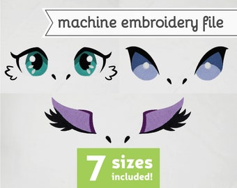 May include: Machine embroidery file for eyes and eyelashes. The eyes are in two styles, one with teal and black and the other with blue and black. The eyelashes are purple with black lashes. The text "7 sizes included!" is on a green background.