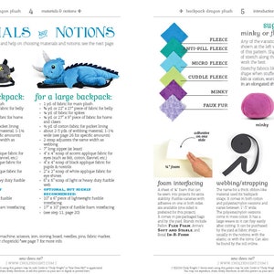May include: Materials and notions list for a plush backpack dragon sewing project. The list includes fabric types, quantities, and notions needed for both a small and large backpack. Suggested fabrics include fleece, minky, and faux fur. The image also shows examples of webbing, strap adjusters, and foam interfacing.