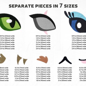 Puede incluir: Siete tama&ntilde;os diferentes de dise&ntilde;os de bordado para ojos y cejas. Los dise&ntilde;os son en verde, azul, gris, marr&oacute;n y rosa. Los dise&ntilde;os est&aacute;n etiquetados con su ancho en pulgadas y mil&iacute;metros.