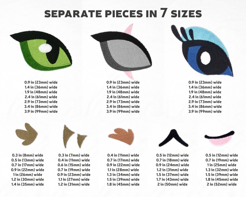 Puede incluir: Siete tama&ntilde;os diferentes de dise&ntilde;os de bordado para ojos y cejas. Los dise&ntilde;os son en verde, azul, gris, marr&oacute;n y rosa. Los dise&ntilde;os est&aacute;n etiquetados con su ancho en pulgadas y mil&iacute;metros.