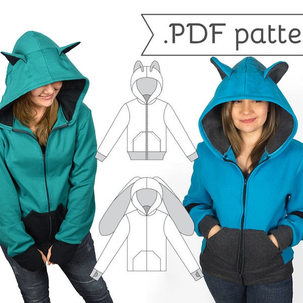 Unisex Men's Relaxed Cosplay Hoodie Sewing Pattern .pdf Tutorial Hooded Jacket with Bear Cat Rabbit Fox Ears