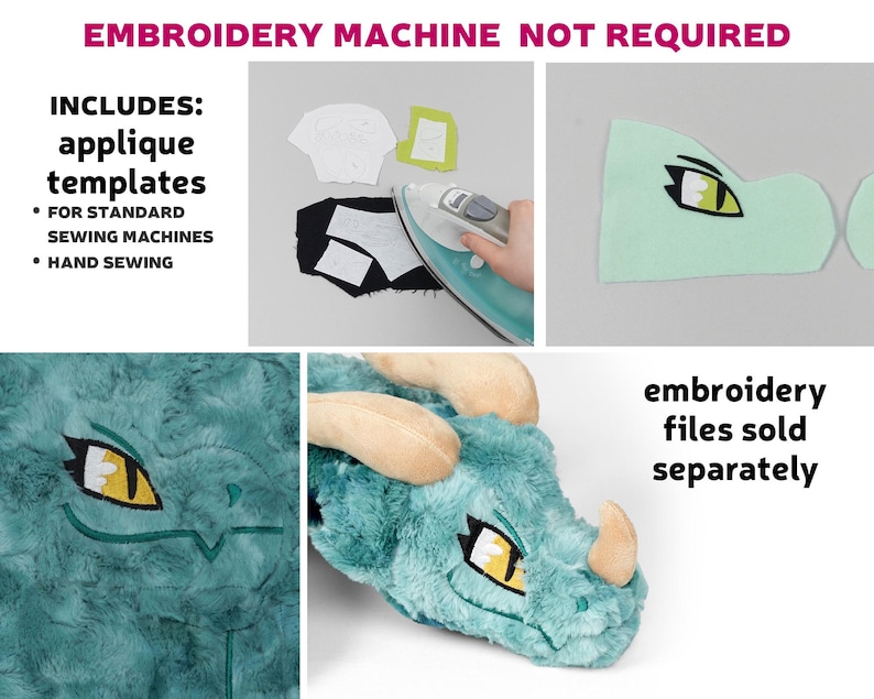 May include: A teal plush dragon head with yellow eyes. The image shows the finished product and includes instructions for making the dragon head using applique templates.  Embroidery files are sold separately.