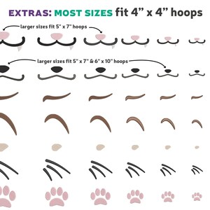 May include: A set of embroidery designs for a variety of animal faces, including noses, mouths, eyes, whiskers, and paws. The designs are sized to fit 4-inch by 4-inch embroidery hoops, with some designs also fitting larger hoops.