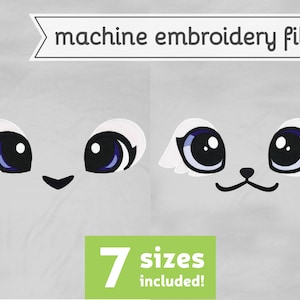 May include: Machine embroidery file of two cartoon eyes with eyelashes and a nose. The eyes are blue with black pupils. The nose is black. The text "7 sizes included!" is in green on a white background.
