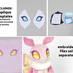 May include: A plush pink moth with yellow and pink wings, and large yellow eyes. The image also shows applique templates, fabric pieces, and the text "INCLUDES: applique templates" and "embroidery files sold separately".