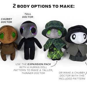 Puede incluir: Dos opciones de peluche para hacer un personaje de doctor. La primera opci&oacute;n es un doctor regordete con un cuerpo marr&oacute;n y ojos verdes. La segunda opci&oacute;n es un doctor alto con un cuerpo negro y flores moradas en la m&aacute;scara. El texto dice "2 Body Options to Make: Chubby Doctor, Tall Doctor".