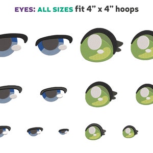 May include: A set of embroidery designs for eyes in various sizes, all suitable for 4" x 4" embroidery hoops. The designs include blue eyes with black eyelashes and green eyes with black eyelashes.