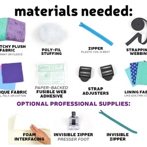 May include: Materials needed to make a plush backpack: stretchy plush fabric, poly-fil stuffing, zipper, webbing, applique fabric, paper-backed fusible web adhesive, strap adjusters, lining fabric. Optional professional supplies: foam interfacing, invisible zipper presser foot, invisible zipper.