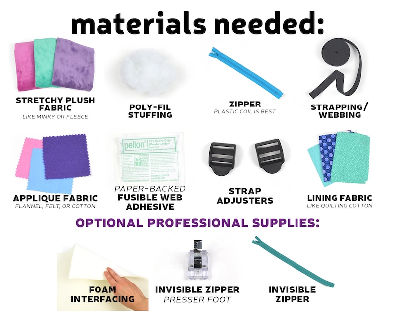 May include: Materials needed to make a plush backpack: stretchy plush fabric, poly-fil stuffing, zipper, webbing, applique fabric, paper-backed fusible web adhesive, strap adjusters, lining fabric. Optional professional supplies: foam interfacing, invisible zipper presser foot, invisible zipper.