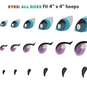 May include: A collection of embroidered eye designs in various sizes, featuring blue, purple, and black colors. The text "EYES: ALL SIZES fit 4" x 4" hoops" is displayed at the top. The designs are arranged in rows, showcasing different eye shapes.