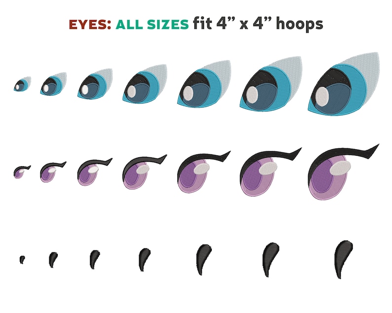 May include: A collection of embroidered eye designs in various sizes, featuring blue, purple, and black colors. The text "EYES: ALL SIZES fit 4" x 4" hoops" is displayed at the top. The designs are arranged in rows, showcasing different eye shapes.