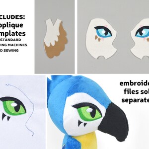 May include: A blue and yellow plush toy with a green eye and black beak. The image includes instructions for making the toy, including applique templates for standard sewing machines and hand sewing. The text "embroidery files sold separately" is also included.