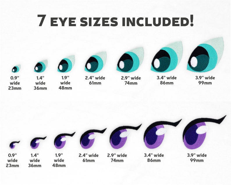 May include: Image features seven pairs of stylized cartoon eyes in varying sizes, ranging from 0.9" (23mm) to 3.9" (99mm) wide. The top row shows eyes with blue and teal irises, while the bottom row has purple irises. Text reads "7 EYE SIZES INCLUDED!"