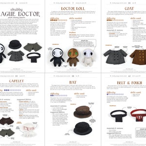 Puede incluir: Un patr&oacute;n de costura para un mu&ntilde;eco de peluche Doctor de la Peste, que incluye un sombrero, una capa, un abrigo, un cintur&oacute;n y una bolsa. El patr&oacute;n incluye instrucciones y los materiales necesarios para cada pieza.