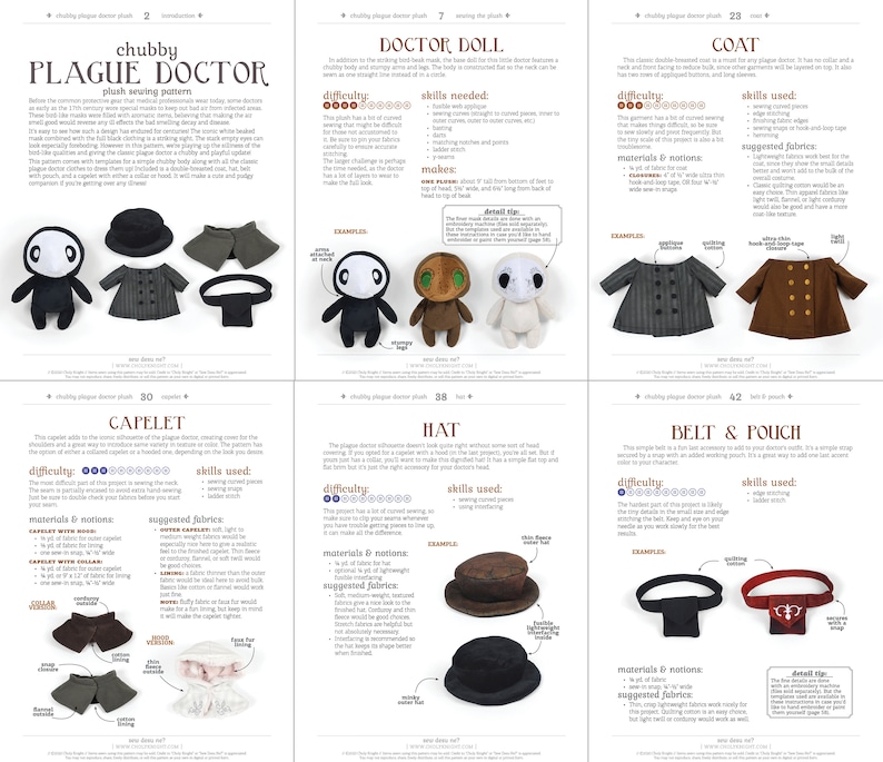 Puede incluir: Un patr&oacute;n de costura para un mu&ntilde;eco de peluche Doctor de la Peste, que incluye un sombrero, una capa, un abrigo, un cintur&oacute;n y una bolsa. El patr&oacute;n incluye instrucciones y los materiales necesarios para cada pieza.