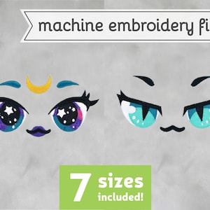 Puede incluir: Archivo de bordado a máquina de dos ojos de dibujos animados con diferentes expresiones. El primer ojo tiene una luna creciente y estrellas, el segundo ojo tiene una expresión aguda y enojada. El texto "¡7 tamaños incluidos!" está en la parte inferior de la imagen.