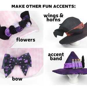 May include: Four different witch hats with various embellishments. The hats are pink, black, purple, and have different accents like flowers, wings, horns, and a bow.
