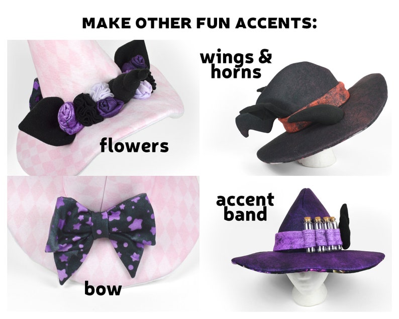 May include: Four different witch hats with various embellishments. The hats are pink, black, purple, and have different accents like flowers, wings, horns, and a bow.