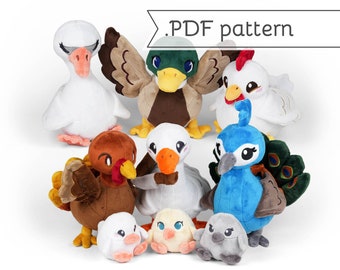 Pacote de pelúcia de pássaros de fazenda Padrão de costura de animais .pdf Tutorial Galinha Galo Pato Ganso Peru Pavão Cisne