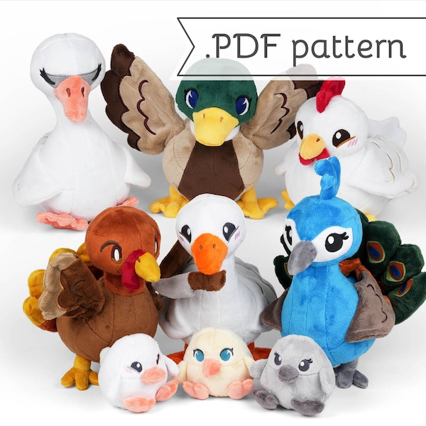 Ensemble peluche oiseaux de la ferme patron de couture animal .pdf tutoriel poulet coq canard oie dinde paon cygne